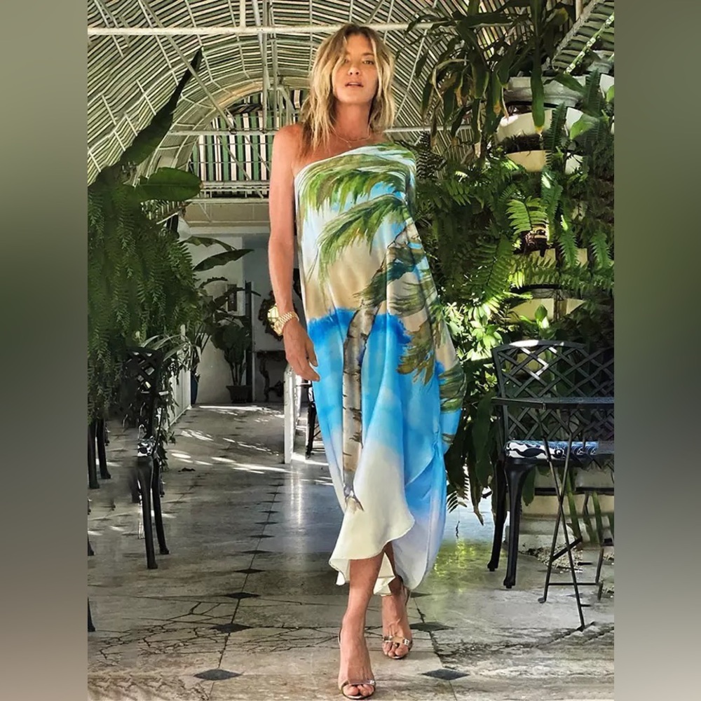Palm Beach Aqua Luxury Asymmetrical Kimono Dress, One Arm Boat Neck Coverup - Picture 3 of 12